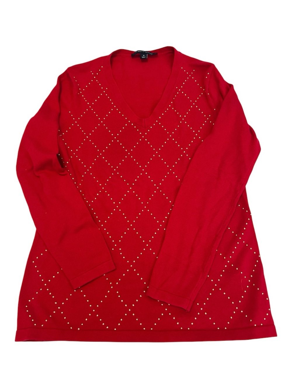 Tommy Hilfiger Women's SzM Red V-Neck Gold Studded Sweater GUC